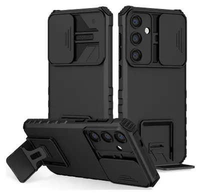 Immagine prodotto di Custodia per Samsung Galaxy S25 a doppio strato robusta, protezione militare con supporto e protezione fotocamera scorrevole nero