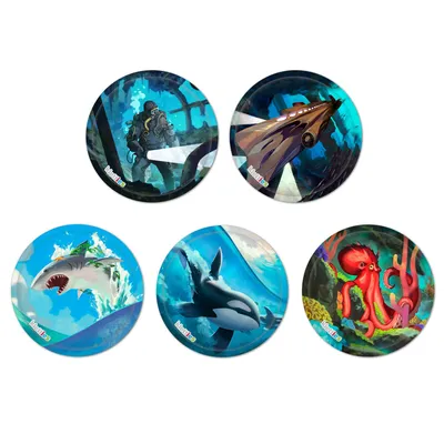 A collage of five circular images, each depicting a different underwater scene with marine life or a submersible.