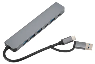 Image de Hub USB Type-C 7-en-1 en alliage d'aluminium : 5 ports USB et 2 ports Type-C. Adaptateur pour téléphones, ordinateurs, tablettes et ordinateurs portables