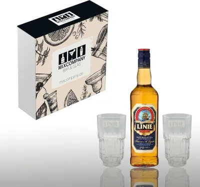 Produktbild von Linie Geschenkset - Linie Aquavit 0,7L 41,5% Vol. + 2 NEUE Linie Aquavit Gläser- [Enthält Sulfite]