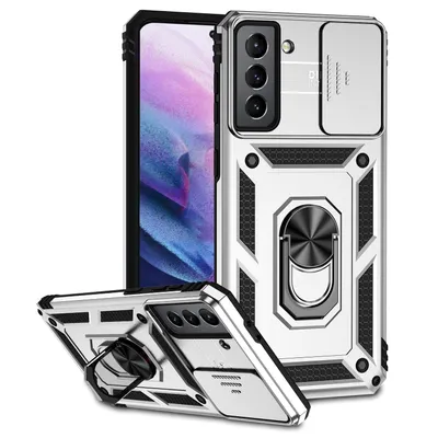 Immagine prodotto di Custodia per Samsung Galaxy S21 Plus 5G a doppio strato con copertura scorrevole della fotocamera e supporto ad anello Argento