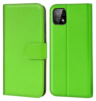 A green book-style phone case is shown from the front and back.