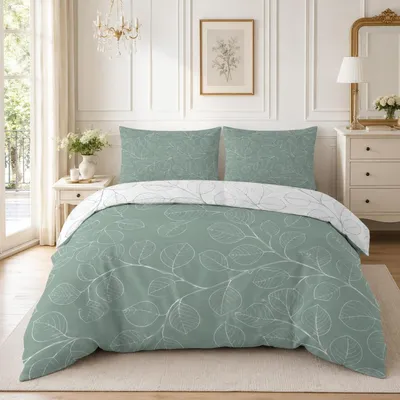 Productafbeelding van Bettenset 155x220 cm, groene bladeren, 3-delig, microvezel, met rits