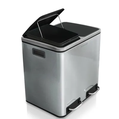 A stainless steel dual-compartment trash can with two foot pedals, one lid open.