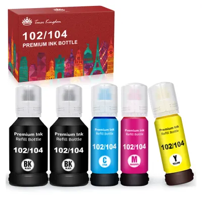 A set of five ink refill bottles and their packaging box, displayed against a white background.