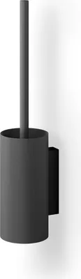 A dark gray toilet brush holder mounted on a white wall.