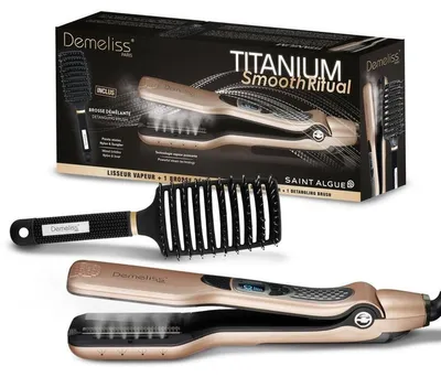 Obrázok produktu pre SAINT ALGUE Demeliss Smooth Ritual, parná kefová žehlička 20059, set žehliacej kefy, zlatá farba, parná žehliaca technológia, teplota 150–230 °C, titánový povrch, 25 mm, LCD displej, kábel s 360° otočnou hlavicou, dĺžka 2,30 m, výkon 85 W