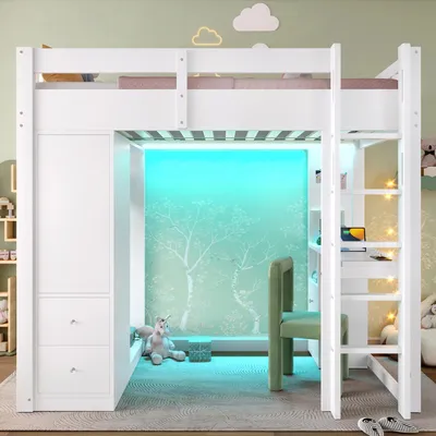 Produktbild von okwish Hochbett 90x200 Jugendbett ohne Matratze,Bettgestell mit 4 Schubladen,Holzbett mit Unterbettschreibtisch und 1 Stauraumschrank,Bettrahmen mit LED und USB,weiß