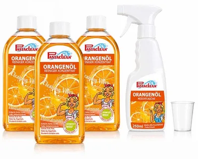 Produktbild von Pastaclean Orangenöl Reiniger Konzentrat 3x 500 ml – Universalreiniger mit 30 % Orangenöl gegen Fett & Klebereste, inkl. Mischflasche & Messbecher