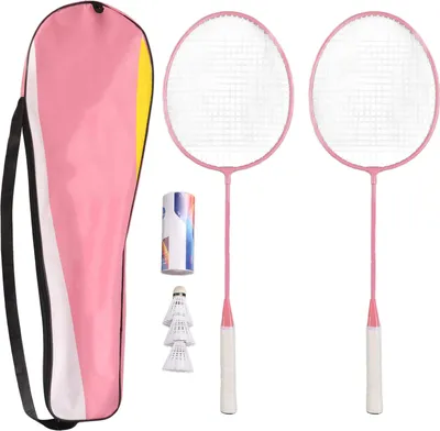 Produktbild von Badminton Set, geteilter Eisenlegierung Badmintonschläger, mit Aufbewahrungseimer und Tragetasche, rosa