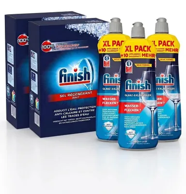 Produktbild von Finish Geschirrspülsalz 2 x 4 kg + Finish Klarspüler Regular 3 x 800 ml – Kombipackung