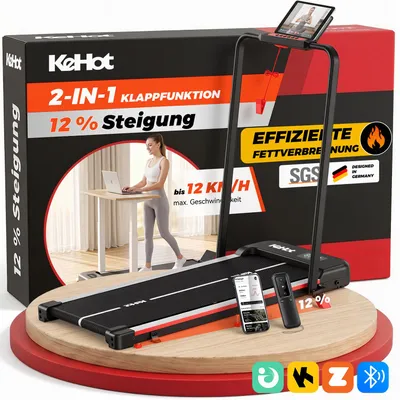 Produktbild von Kehot Laufband klappbar, 2-in-1, 150 kg,1–12 km/h, , App-Steuerung, LED Display, 9% Steigung, für Zuhause