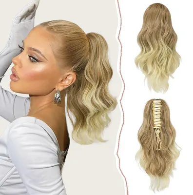 Productafbeelding van Haarstuk paardenstaart, clip, synthetisch haar, golvend, krullend, donkerblond tot bleekblond, 35 cm