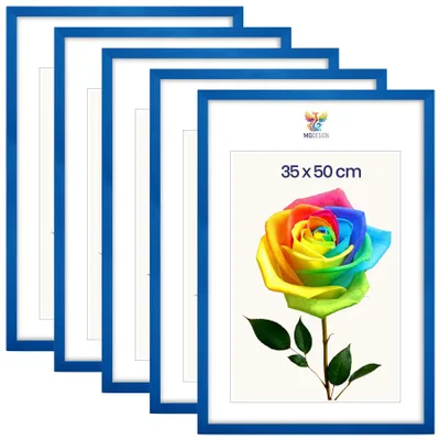 Produktbild von MG Design 5er Set Bilderrahmen 35 x 50 cm - Posterrahmen mit Blau Echtholzrahmen und bruchsicherem Acrylglas, Hoch & Quer mit stabiler Wandaufhängung