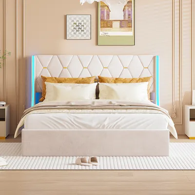 A bedroom scene featuring a beige upholstered bed with a tufted headboard and LED lighting.