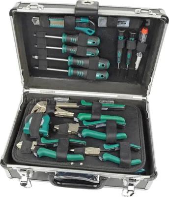An open aluminum tool case filled with various tools.