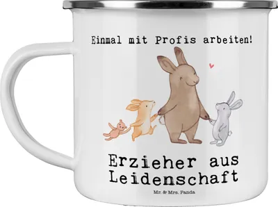 Produktbild von Mr. & Mrs. Panda Blechtasse Erzieher Leidenschaft - Weiß - Geschenk, Haferl, Ausbildung, Emaille Becher, Teetasse, Spruch, Pott, Pädagoge, Tasse, Lustig, Beruf
