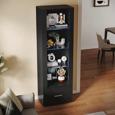 Image de Vitrine pour salon, meuble vitrine, armoire vitrine, vitrine d'exposition, vitrine de rangement, vitrine en verre, couleur noire. Dimensions : 550 x 350 x 1720 mm, avec éclairage LED bleu