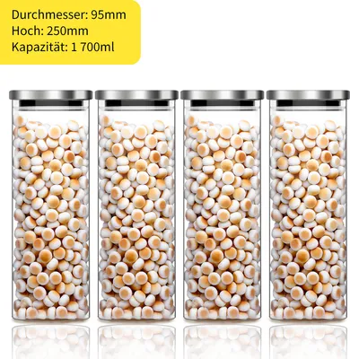 Produktbild von 4er Set 1,7 Liter Vorratsgläser Glas Schraubglas Lebensmittelglas Edelstahldeckel mit Schraubverschluss, Vorratsglas Glas mit Edelstahl-Deckel Vorratsdosen