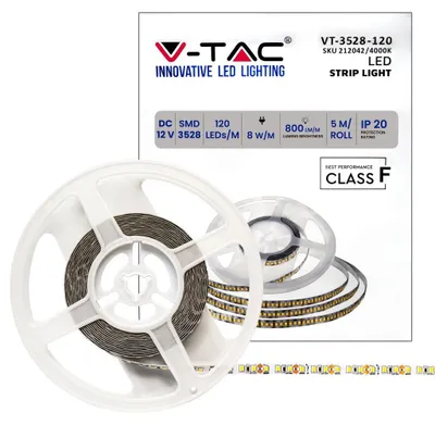 Immagine prodotto di V-TAC VT-3528 Striscia 120LED/mt smd3528 strip 5Mt 8W/mt 12V luce bianco naturale 4000k IP20 - SKU 212042