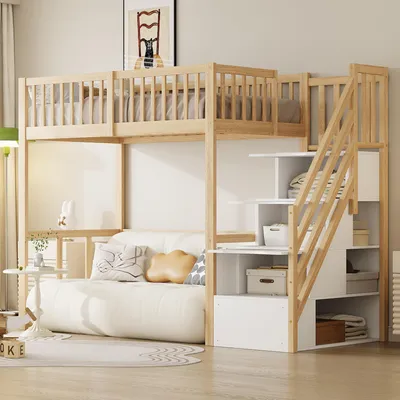 A bunk bed with stairs and storage, set up in a bedroom with decorative pillows and a small table.