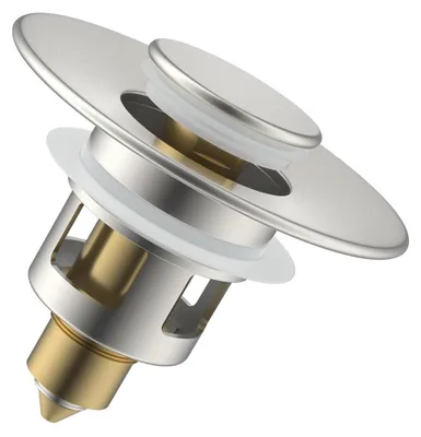 Immagine prodotto di Tappo per lavabo, da 25 a 46 mm, in ottone nichelato spazzolato, con pulsante a pressione e cestello filtrante
