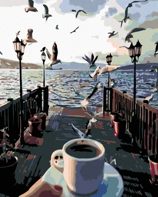 Produktbild von Diamondi - Diamond painting - TASSE KAFFEE UND MÖWEN ÜBER DEM MEER, 40X50 cm, mit Keilrahmen (bereits gespannt)