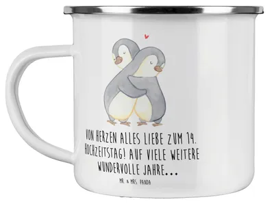 Produktbild von Mr. & Mrs. Panda Emaille Tasse 14. Hochzeitstag Elfenbeinhochzeit - Transparent - Geschenk, Geschenke, Pott, Heirat, blechbecher, Heiraten, handgefertigte, Kaffeepott