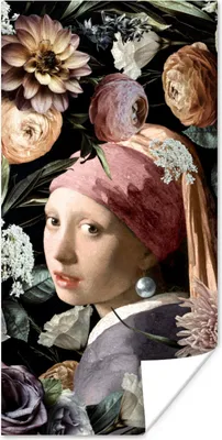 Produktbild von MuchoWow® Poster Mädchen mit Perlenohrring - Blumen - Vermeer - Pastell - Kunstwerk - Gemälde - Alte Meister 40x80 cm - Dekoration