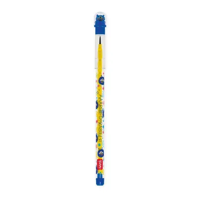 A single pencil with a monster design and a blue cap with an owl figure on top, set against a white background.