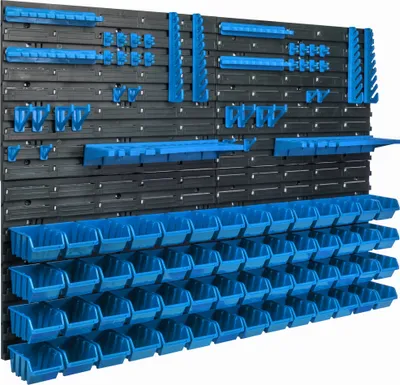 Immagine prodotto di Pannello porta attrezzi da appendere 115x78cm con 56 pezzi. Scatole blu montate a parete con set di supporti in plastica