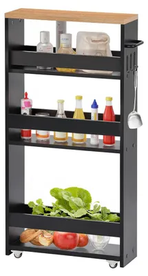 Produktbild von 4-stöckiger Küchenwagen, schmaler Nischenwagen mit Rollen, Stahl, Griff, für kleine Räume, 40 x 15 x 80 cm, Küche, Bad, Wohnzimmer, Arbeitszimmer, schwarz + Eichenholz-Finish