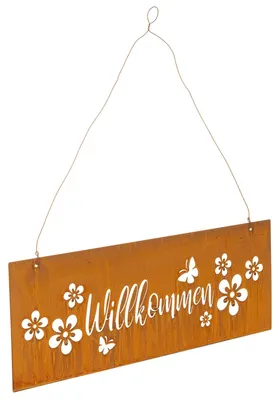Produktbild von Willkommensschild aus Metall mit Blumen und Schmetterlingen