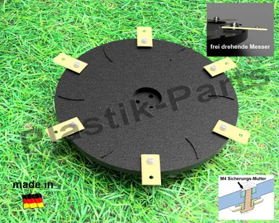 A black cutting disc with gold blades is displayed on a grassy surface.