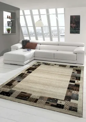 Produktbild von Designer Teppich Moderner Teppich Wohnzimmer Teppich mit Bordüre Design Multicolour in Braun Beige Creme Türkis Größe - 80x150 cm