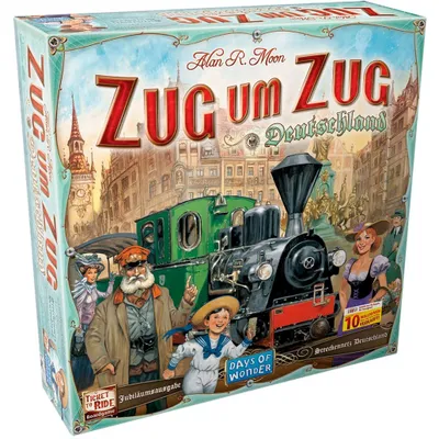 A board game box for "Zug um Zug Deutschland" featuring a steam train and people in historical attire.