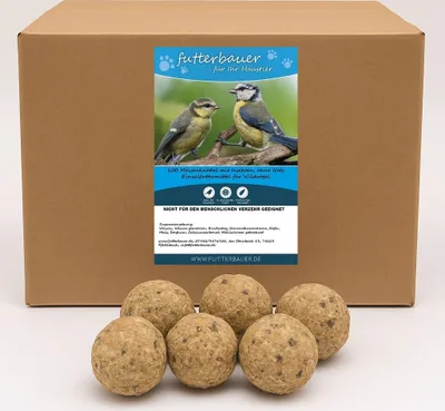 A cardboard box with a label showing birds and product information, with several bird food balls in the foreground.