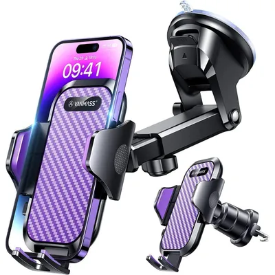 Image de Support pour téléphone de voiture 4 en 1 : ventouse, crochet de ventilation, rotation à 360°, pour iPhone, Samsung, couleur violet