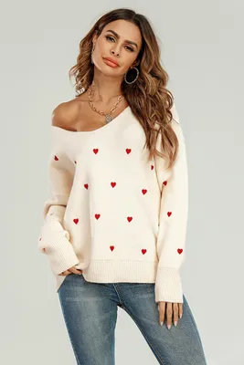 Produktbild von FS Collection Damen Strickpullover - Pullover aus Strick mit V-Ausschnitt und roter Herzstickerei - Strickwaren - Creme