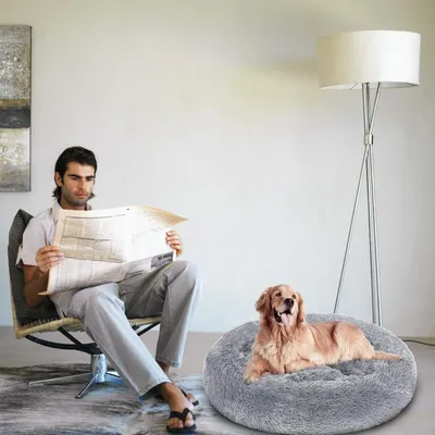 Obrázek produktu pro Ikodm, pelíšek pro psy a kočky, průměr 80 cm, dlouhý plyš, protiskluzová základna, světle šedá barva