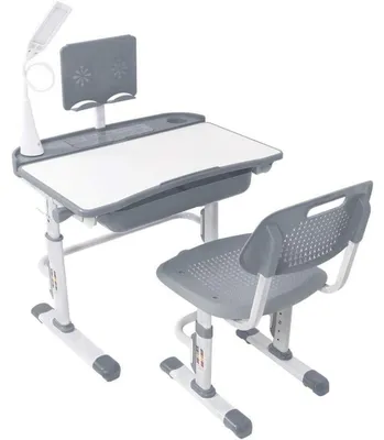 Produktbild von Kinderschreibtisch und Stuhlset höhenverstellbar mit Augenschutzlampe und Bücherständer, grau