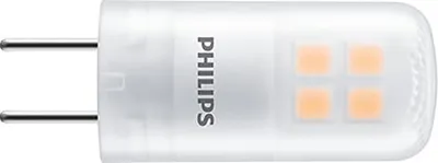 A close-up studio shot of a Philips LED capsule light bulb.