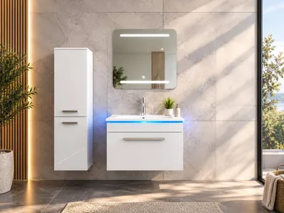 Produktbild von Faizee Home Badmöbelset 60 cm Hochglanz inkl. Keramik-Waschbecken, LED-Spiegel & Soft-Close