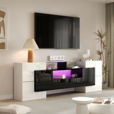 Produktbild von TV-Schrank, LED-Beleuchtung, Wohnzimmermöbel, Modernes Design -Weiß und Schwarz, 200 cm