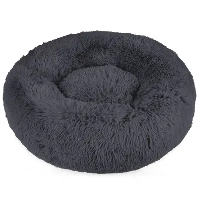Produktbild von Intirilife flauschiges Plüsch Haustierbett in Dunkel Grau Durchmesser 60 cm - Weiches rundes rutschfestes Hundebett Katzenbett Kissen komfortables Hundesofa Katzensofa für Hunde und Katzen