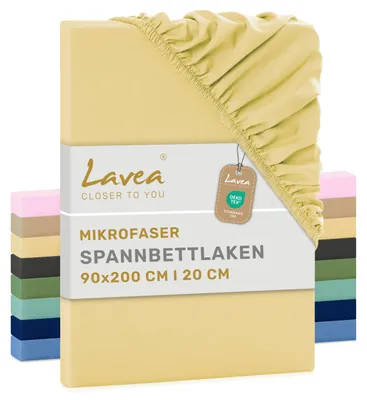 Zdjęcie produktu dla Lavea® Elastyczny pokrowiec na materac 90x200 cm, wykonany z mikrofibry, z gumką wszytą po obwodzie, przeznaczony do materacy o grubości do 20 cm, oddychający i zapewniający uczucie chłodu, łatwy w pielęgnacji, zestaw 2 sztuk, kolor beżowy