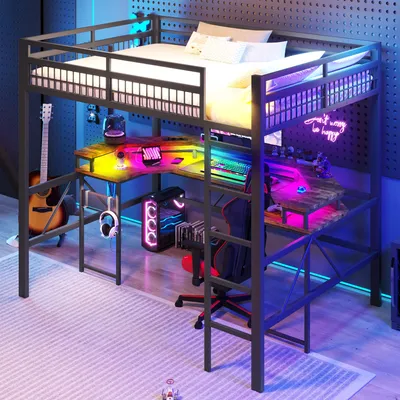 Image de OKWISH Lit Mezzanine 140x200 cm - avec Bureau Intégré, Éclairage LED Réglable et Panneau Perforé - Ports USB, Type-C et 2 Prises - Métal + MDF - Noir