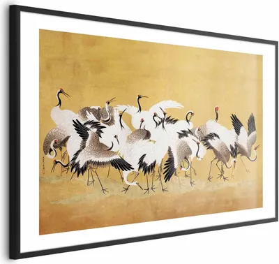 Produktbild von Posterpapier Poster - Japanese Cranes - a flock of birds against a golden background based on the painting of Ishida Yūtei 30x21 cm Tiere b-G-10012-ao-a