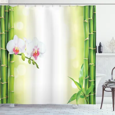 Image de Rideau de douche ABAKUHAUS Spa, fleurs d'orchidées avec branches de bambou, différentes couleurs, thème spirituel, 175 x 200 cm, vert et blanc