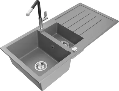 Produktbild von Mexen Andres 1,5-Becken-Granitspüle mit Abtropffläche und Mischbatterie Flora, Grau - 6515-71-670401-07